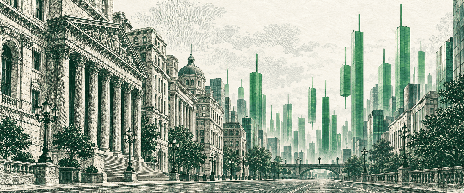 An engraved market city combining classical buildings and green candlestick towers.