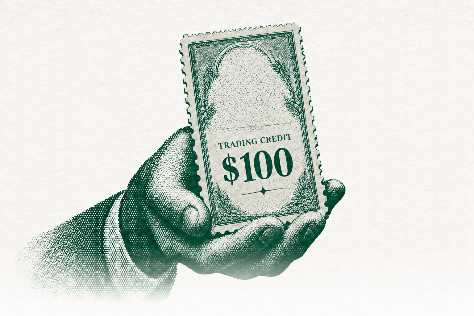 An engraved hand offering an illustrative $100 trading credit.